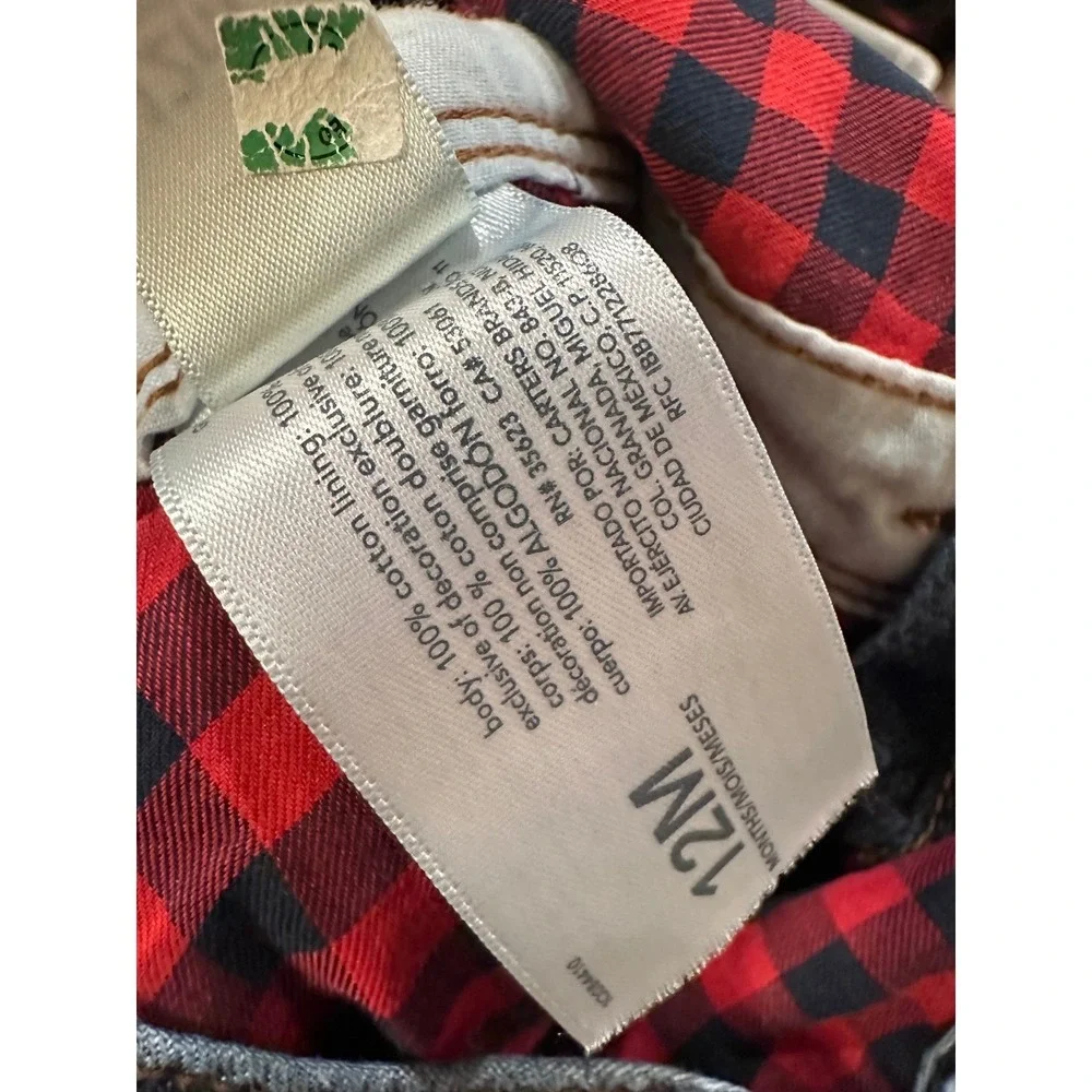 VINTAGE OshKosh B'Gosh Denim Overalls Red Plaid Lined Ruffle Trimmed Pockets